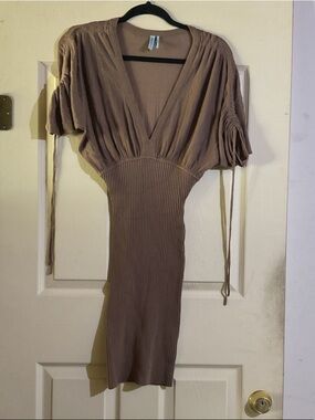 Guess by Marciano Taupe Ribbed V-Neck Midi Dress